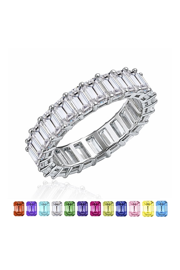10 Carat Emerald Cut April Birthstone - Multicolor Eternity Wedding Band - Cubic Zirconia Rings in 18K White Gold Plating for Women