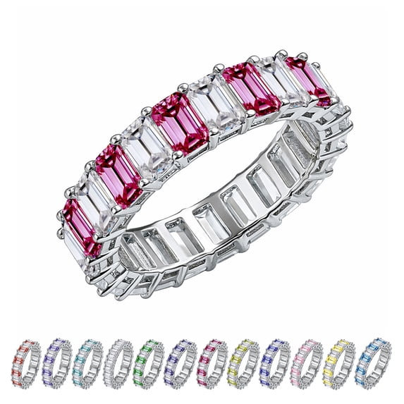 JeenMata 10 Carat Emerald Cut July Birthstone - Multicolor Eternity Wedding Ring - Ruby & Cubic Zirconia Birthstone Rings for Women in 18K White Gold Plating, Gift for Her