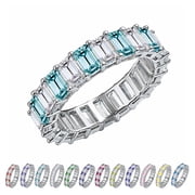 JeenMata Stackable 10 Carat Emerald Cut March Birthstone - Multicolor Eternity Wedding Band - Aquamarine & Cubic Zirconia Rings in 18K White Gold Plating for Women