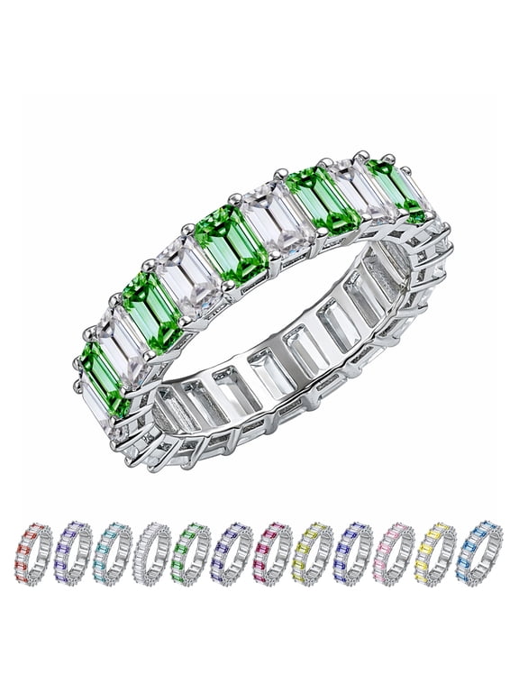 10 Carat Emerald Cut May Birthstone - Multicolor Eternity Wedding Ring - Emerald & Cubic Zirconia Birthstone Rings for Women in 18K White Gold Plating, Gift for Her