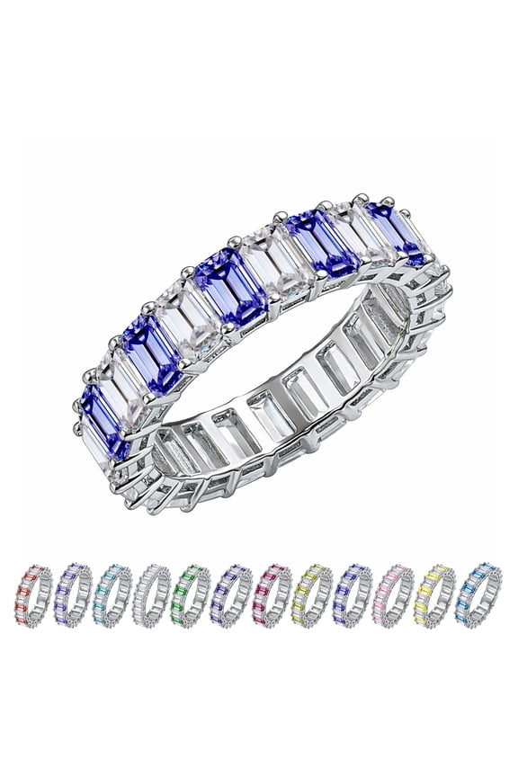 10 Carat Emerald Cut September Birthstone - Multicolor Eternity Wedding Ring - Royal Blue Sapphire & Cubic Zirconia Birthstone Rings for Women in 18K White Gold Plating, Gift for Her