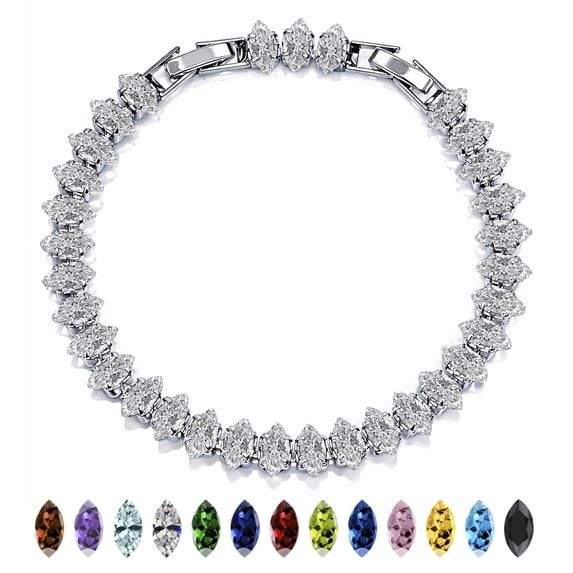 JeenMata 11 TCW April Cubic Zirconia - Marquise Cut Birthstone Tennis Bracelet for Women in Eternity Design - White Gold Plating, Female, Adult