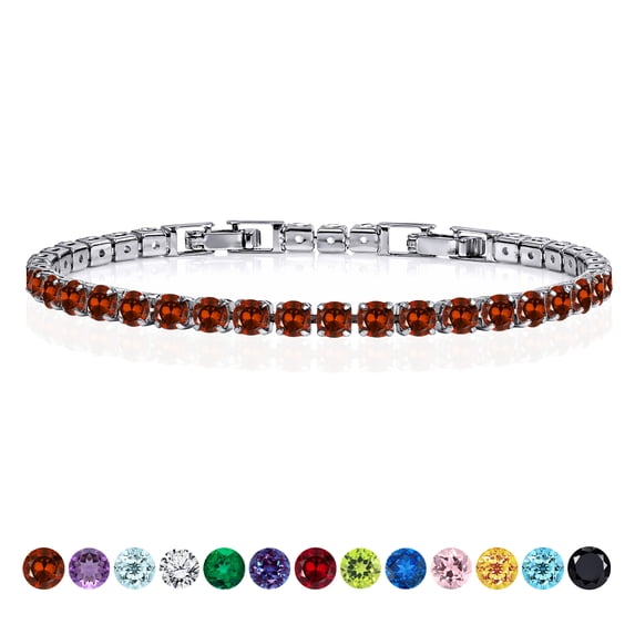 JeenMata 11 TCW January Garnet - Round Cut Birthstone Tennis Bracelet for Women in Eternity Design - White Gold Plating, Female, Adult