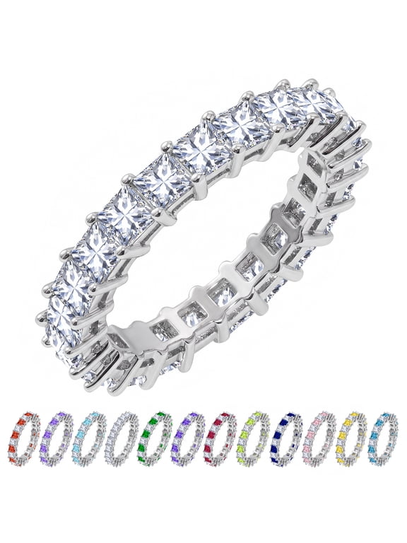 12 Carat Princess Cut April Birthstone - Multicolor Eternity Wedding Band - Cubic Zirconia Rings in 18K White Gold Plating for Women