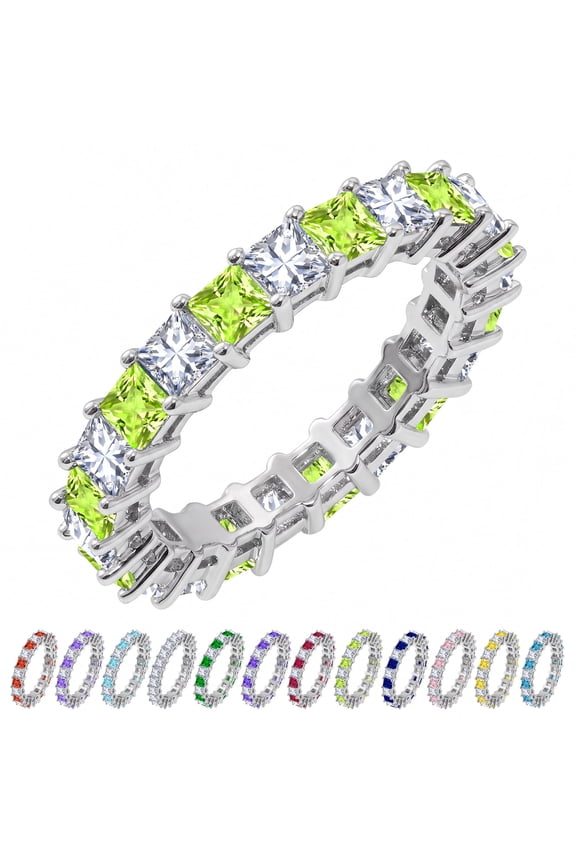 12 Carat Princess Cut August Birthstone - Multicolor Eternity Wedding Band - Peridot & Cubic Zirconia Rings in 18K White Gold Plating for Women