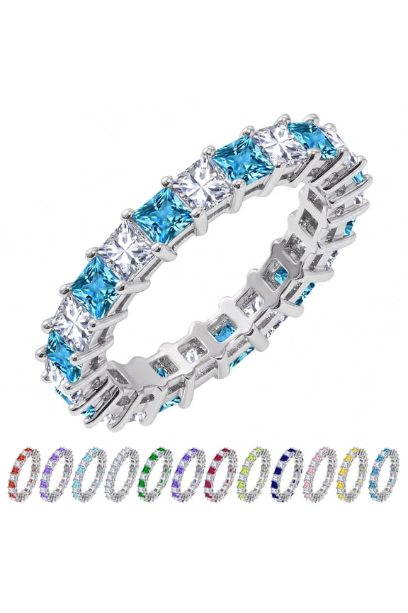 12 Carat Princess Cut December Birthstone - Multicolor Eternity Wedding Band - Blue Topaz & Cubic Zirconia Rings in 18K White Gold Plating for Women