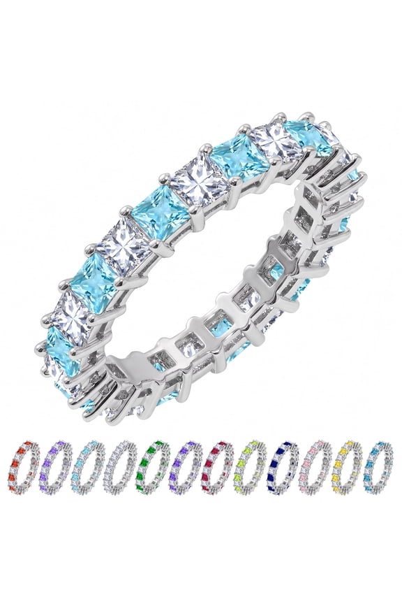12 Carat Princess Cut March Birthstone - Multicolor Eternity Wedding Band - Aquamarine & Cubic Zirconia Rings in 18K White Gold Plating for Women