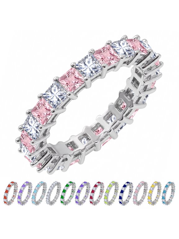12 Carat Princess Cut October Birthstone - Multicolor Eternity Wedding Band - Pink Tourmaline & Cubic Zirconia Rings in 18K White Gold Plating for Women