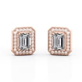 thumbnail image 1 of JeenMata 2.15 Carat Emerald Cut Moissanite - Milgrain Halo Channel - Prong Bezel Set Stud Earrings - 18K Rose Gold Plating over Silver, 1 of 4