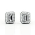 thumbnail image 1 of JeenMata 2.15 Carat Emerald Cut Moissanite - Milgrain Halo Channel - Prong Bezel Set Stud Earrings - 18K White Gold Plating over Silver, 1 of 4