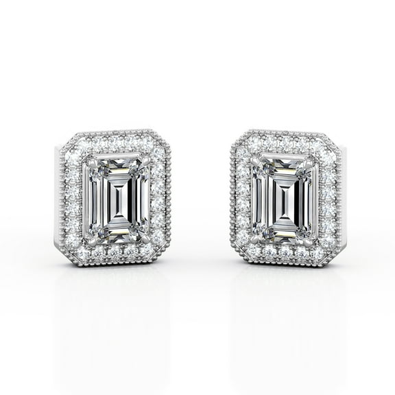 JeenMata 2.15 Carat Emerald Cut Moissanite - Milgrain Halo Channel - Prong Bezel Set Stud Earrings - 18K White Gold Plating over Silver