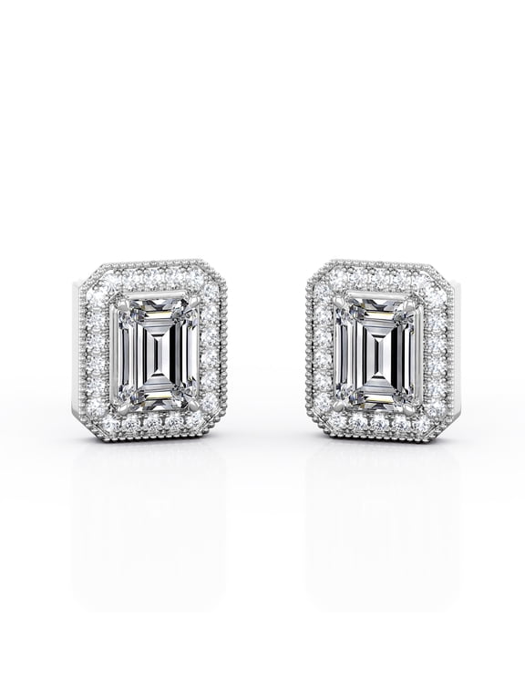 2.15 Carat Emerald Cut Moissanite - Milgrain Halo Channel - Prong Bezel Set Stud Earrings - 18K White Gold Plating over Silver