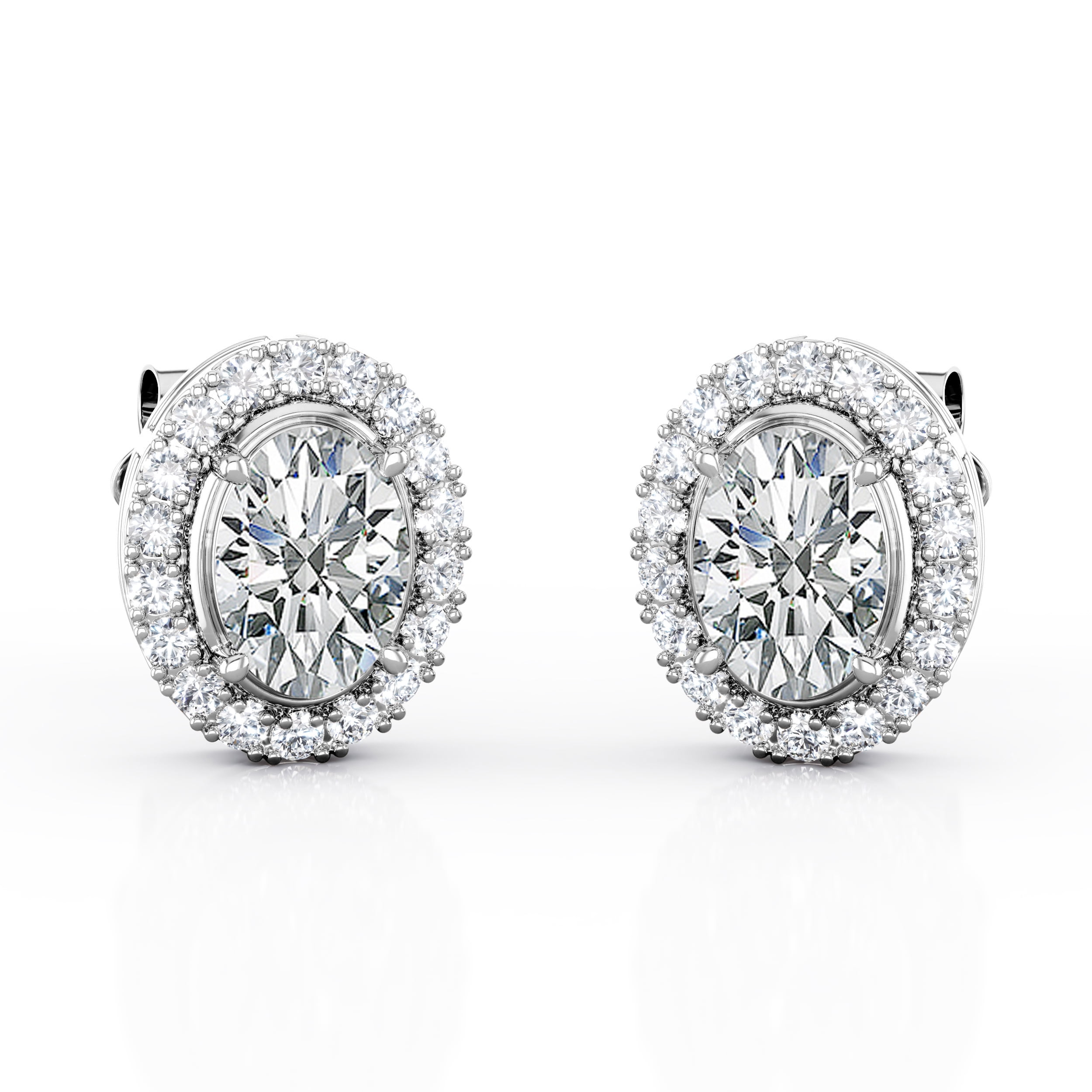 JeenMata 2.2 Carat Oval Cut Moissanite - Cluster Halo - Prong Set Stud Earrings - 18K White Gold Plating over Silver Plating over Silver