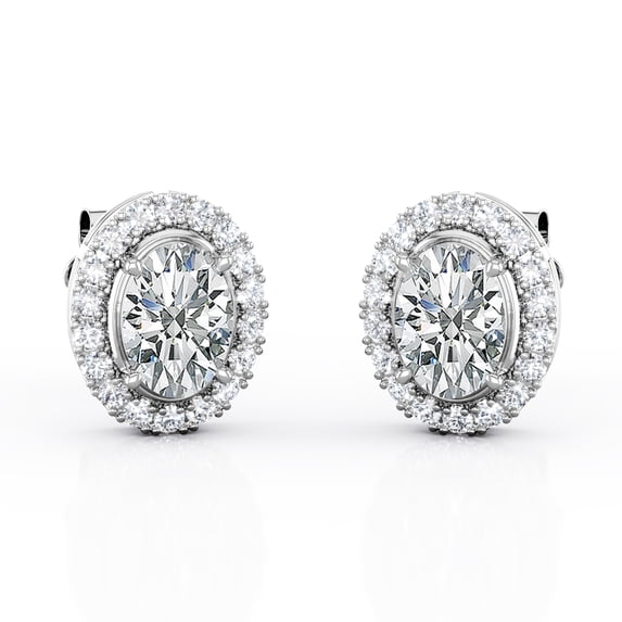 JeenMata 2.2 Carat Oval Cut Moissanite - Cluster Halo - Prong Set Stud Earrings - 18K White Gold Plating over Silver Plating over Silver