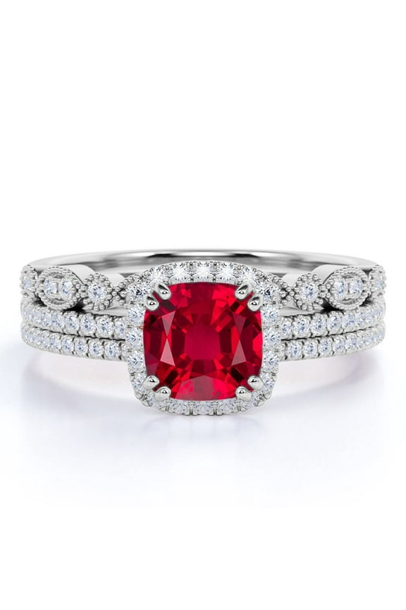 2.25 Carat Cushion Cut Burmese Pigeon Blood Lab Created Ruby Trio Set in 18k White Gold over Silver