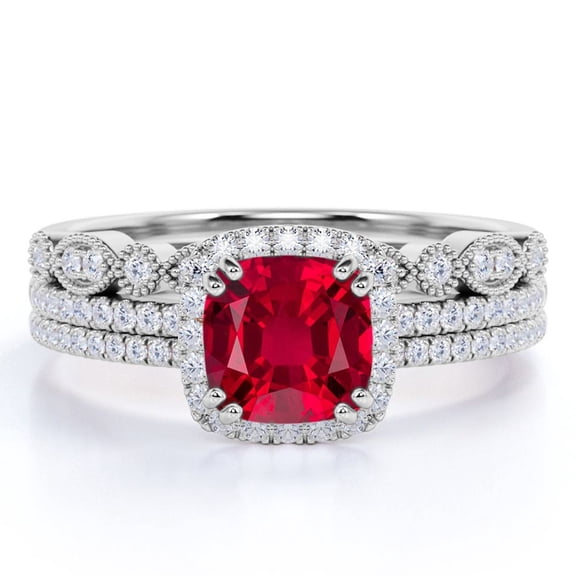 JeenMata 2.25 Carat Cushion Cut Burmese Pigeon Blood Lab Created Ruby Trio Set in 18k White Gold over Silver