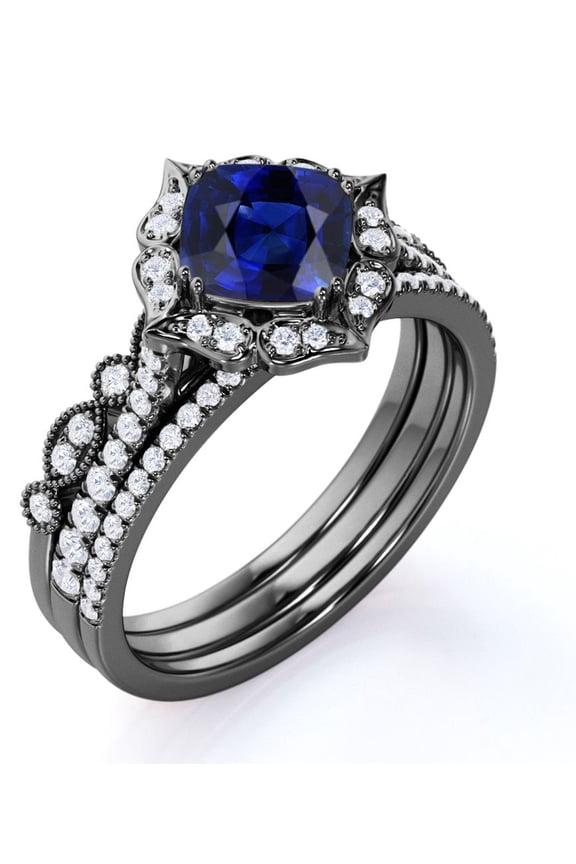 2.25 Carat Cushion Cut Minimalist Dark Lab Created Blue Sapphire Trio Ring Set in 18k Black Gold over Silver