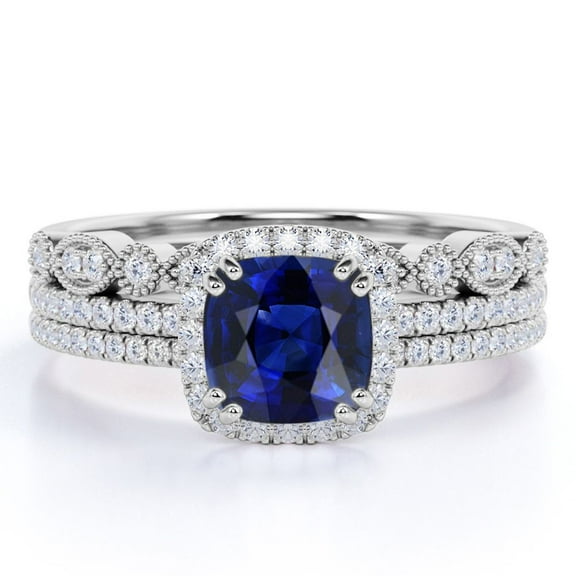 JeenMata 2.25 Carat Cushion Cut Royal Lab Created Blue Sapphire Wedding Trio Ring Set in 18k White Gold Over Silver