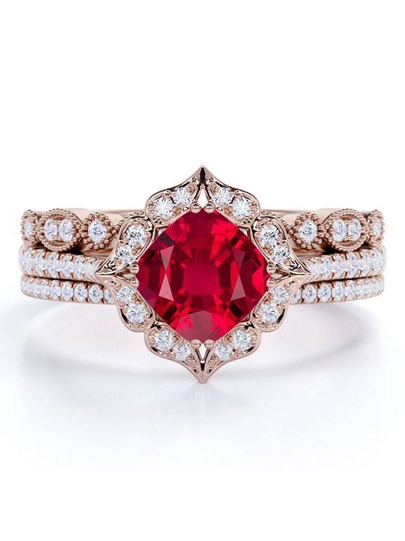 2.25 Carat Cushion Cut Vintage Simulated Ruby Trio Ring Set in 18k Rose Gold over Silver