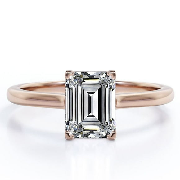 JeenMata 2.25 Carat Emerald Cut Engagement Ring - Prong Setting - Solitaire Promise Ring - 18K Rose Gold Plating Over Silver