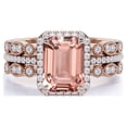 thumbnail image 1 of JeenMata 2.25 Carat Emerald Cut created morganite and Moissanite Halo Antique Trio Wedding Ring Set On 18K Rose Gold Over Silver, 1 of 6