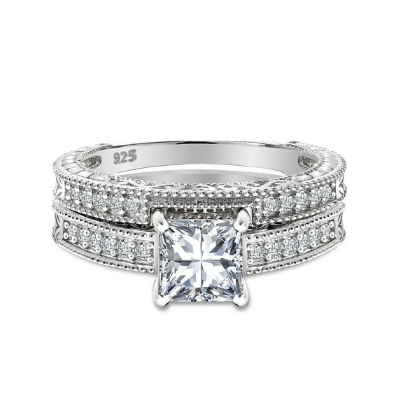 JeenMata 2.25 Carat Princess Cut 4-Prong Pave Milgrain Border Edwardian Bridal Set in 18K White Gold Plating over Silver