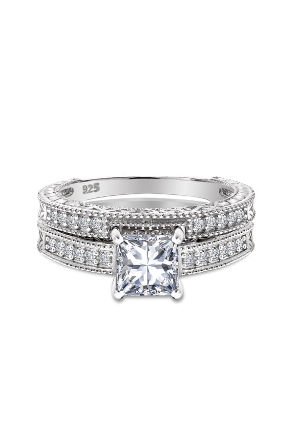 2.25 Carat Princess Cut 4-Prong Pave Milgrain Border Edwardian Bridal Set in 18K White Gold Plating over Silver