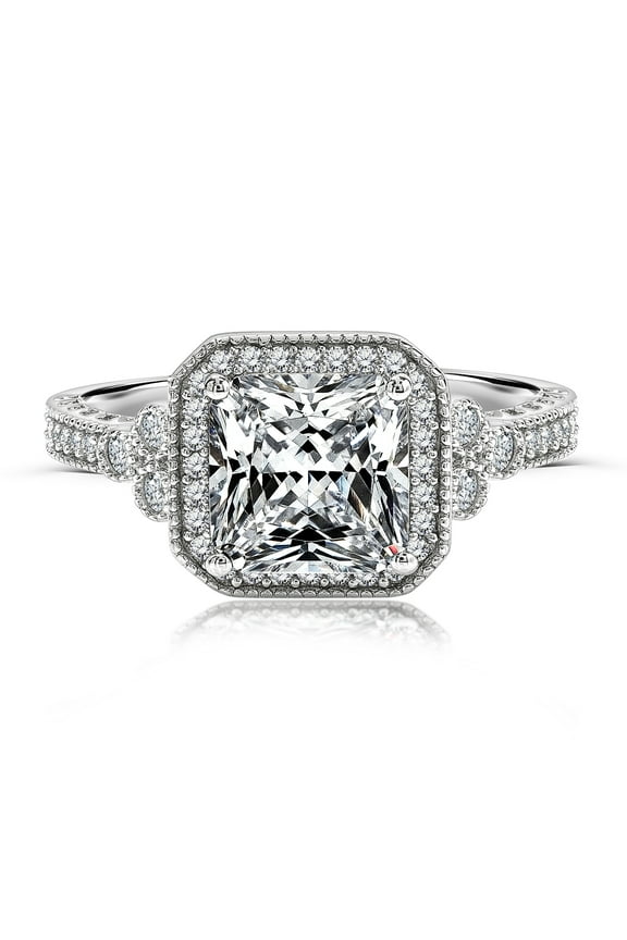 3.25 Carat Princess Cut Wedding Ring - Antique Ring - Halo Ring - 18k White Gold Over Silver