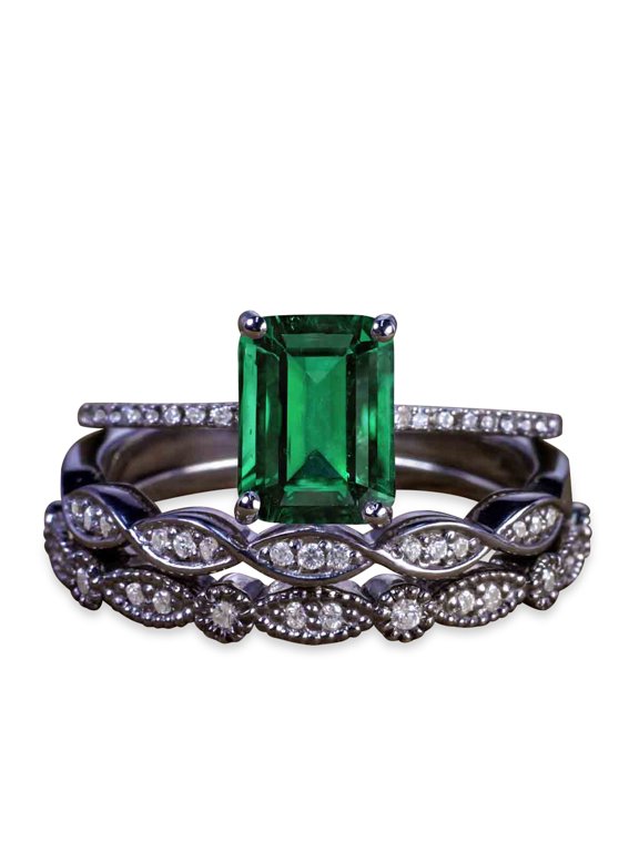 2.25 Carat Rectangle Vivid Lab Created Green Emerald Trio Wedding Ring Set in 18k Black Gold over Silver