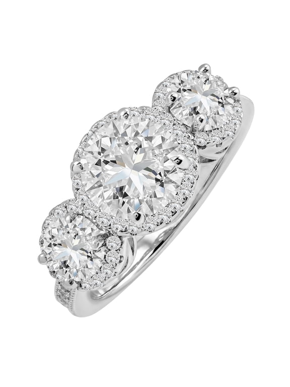 2.25 Carat Round Brilliant Cut Moissanite - Three Stone Engagement Rings in 18K White Gold Plating for Women