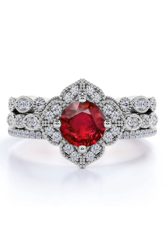 2.25 Carat Round Cut Sunset Pigeon Blood Lab Created Ruby Trio Set in 18k White Gold over Silver