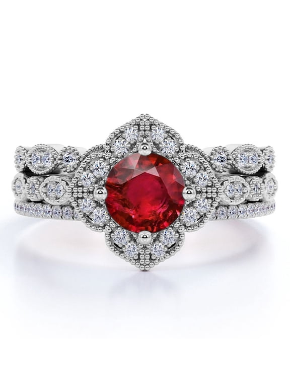 2.25 Carat Round Cut Sunset Pigeon Blood Lab Created Ruby Trio Set in 18k White Gold over Silver