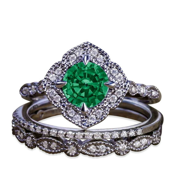 JeenMata 2.25 Carat Round Dark Lab Created Green Emerald Wedding Trio Ring Set in 18k Black Gold over Silver