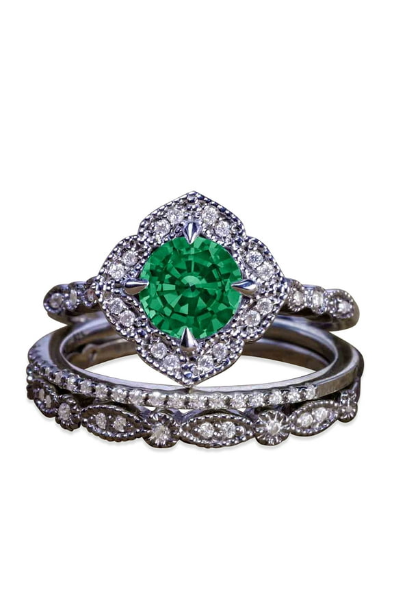 2.25 Carat Round Dark Lab Created Green Emerald Wedding Trio Ring Set in 18k Black Gold over Silver