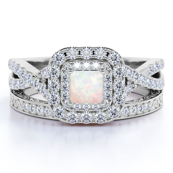 2.25 ct Square Real Australian Opal Infinity Modern Ring Set in 18k White Gold over Silver