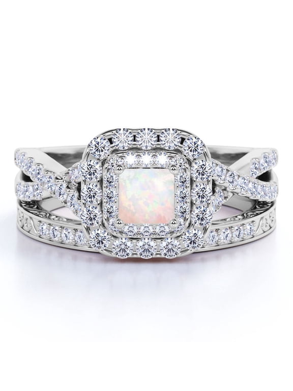 2.25 ct Square Real Australian Opal Infinity Modern Ring Set in 18k White Gold over Silver