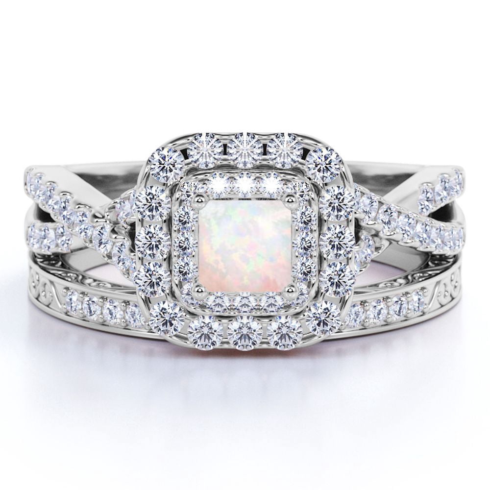 JeenMata 2.25 ct Square Real Australian Opal Infinity Modern Ring Set ...