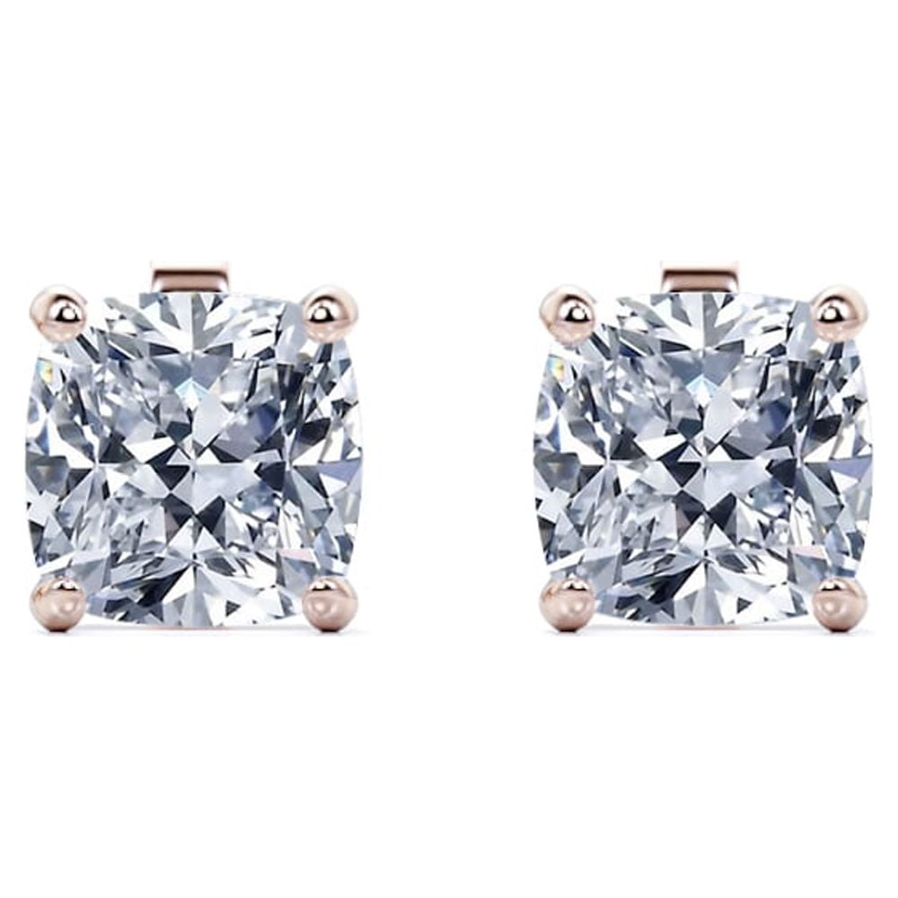 JeenMata 2.5 Carat Cushion Cut Moissanite 4 Prong Solitaire Stud Earrings In 18K Rose Gold Plating Over Silver