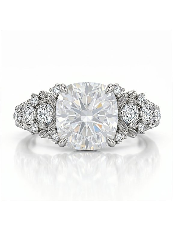 2.5 Carat Cushion Cut Moissanite - Multi-Stone Engagement Ring in 18K White Gold Plating for Women