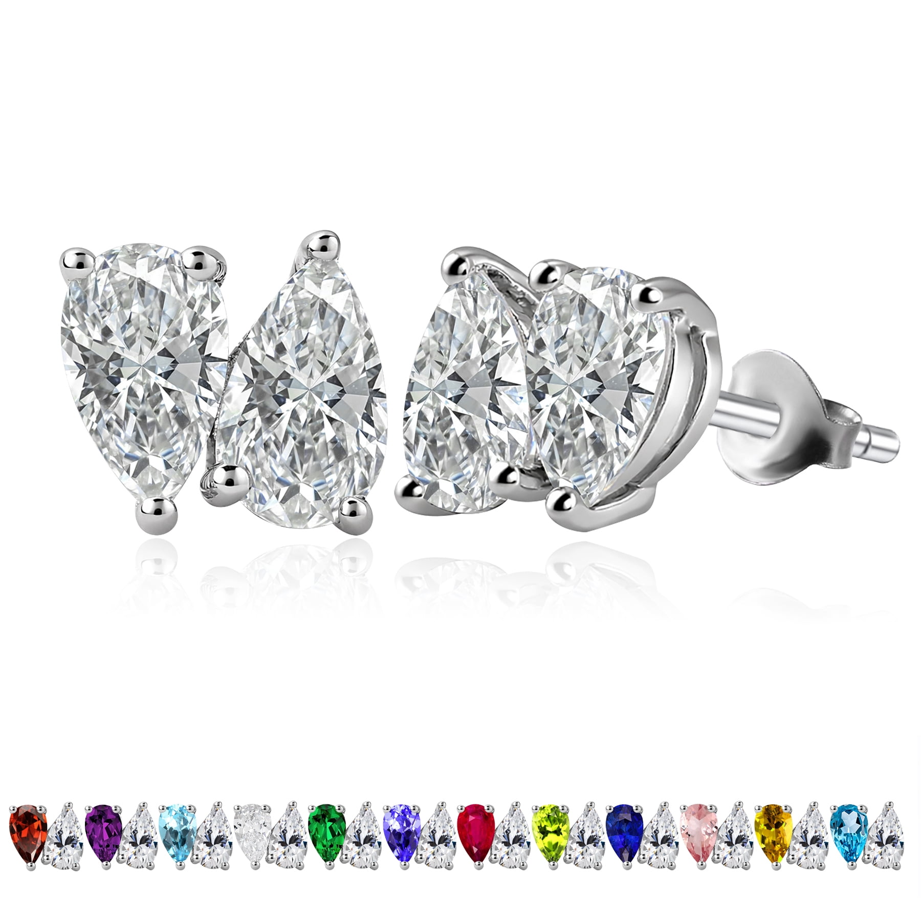 JeenMata 2.5 Carat Pear Cut April Birthstone Stud Earring - Cubic Zirconia Two Stone Earrings in 18K White Gold Plating Gift for Women