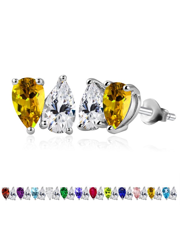 2.5 Carat Pear Cut November Birthstone Stud Earring - Citrine & Cubic Zirconia Two Stone Earrings in 18K White Gold Plating Gift for Women