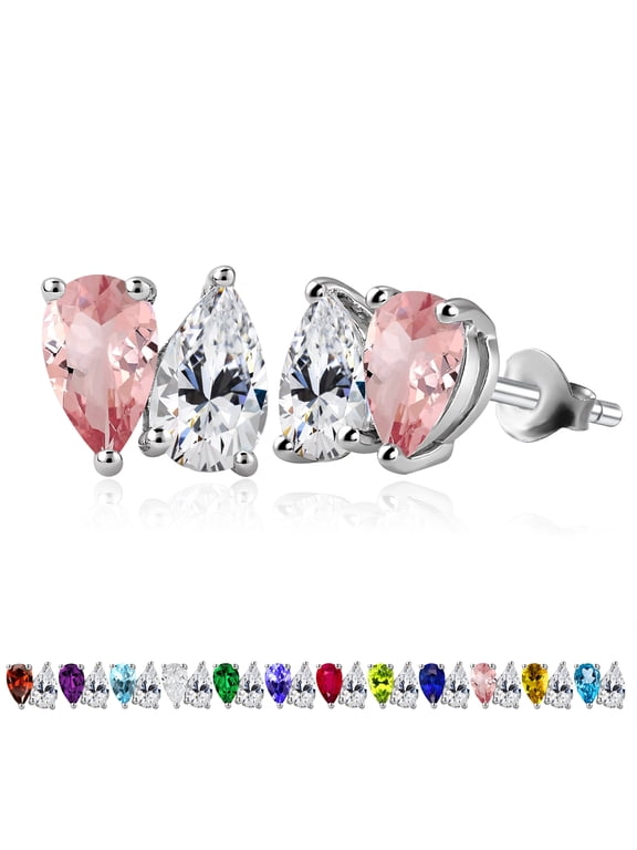 2.5 Carat Pear Cut October Birthstone Stud Earring - Pink Tourmaline & Cubic Zirconia Two Stone Earrings in 18K White Gold Plating Gift for Women