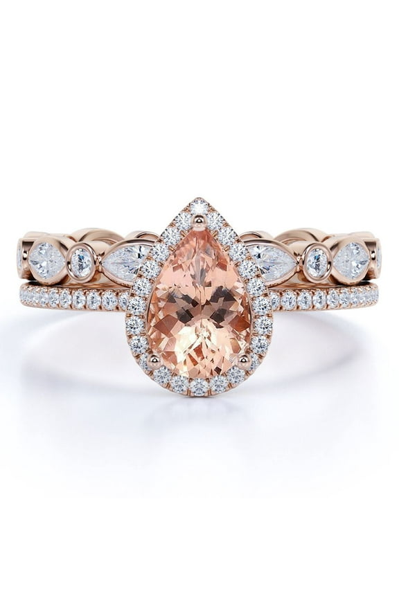2.5 Carat Pear Cut created morganite and Moissanite Antique Halo Wedding Set On 18K Rose Gold Over Silver