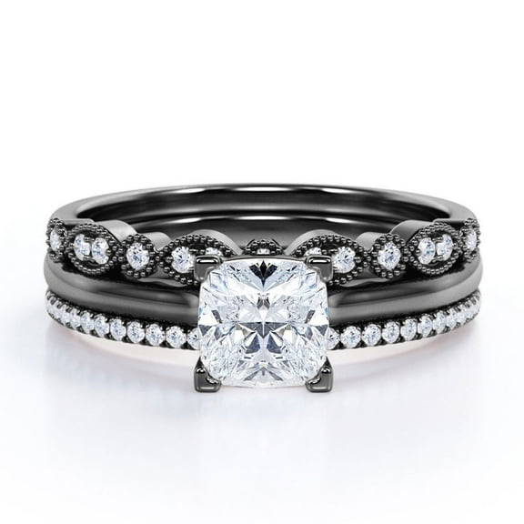 JeenMata 3.25 Carat Princess Cut - 4 Prong Pave Setting - Art Deco Filigree Milgrain - Solitaire Engagement Ring - Trio Wedding Set - 18K Black Gold Plating over Silver