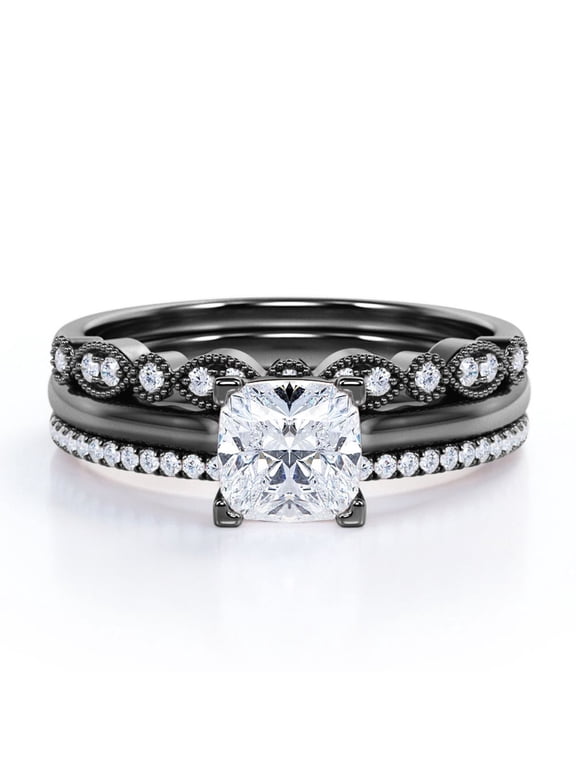 3.25 Carat Princess Cut - 4 Prong Pave Setting - Art Deco Filigree Milgrain - Solitaire Engagement Ring - Trio Wedding Set - 18K Black Gold Plating over Silver
