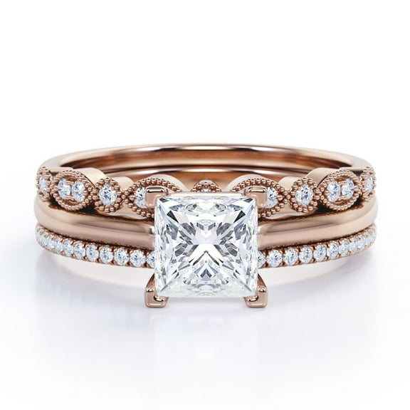 JeenMata 3.25 Carat Princess Cut - 4 Prong Pave Setting - Art Deco Filigree Milgrain - Solitaire Engagement Ring - Trio Wedding Set - 18K Rose Gold Plating over Silver