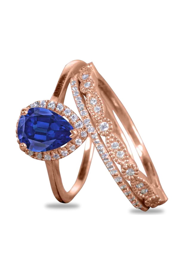 2.5 ct - Pear Shaped Dark Blue Vintage Lab Created Blue Sapphire Engagement Ring - Trio Wedding Set - 18K Rose Gold over Silver