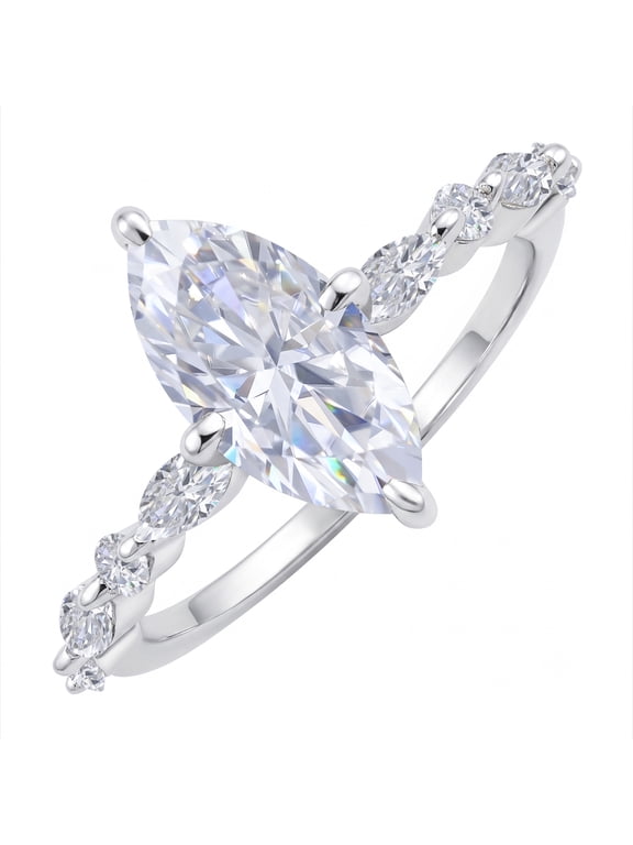 2.50 Carat Marquise Cut Moissanite Engagement Ring for Her, Solitaire Marquise Ring with Round & Marquise Side Stones in 18K White Gold Plating for Women