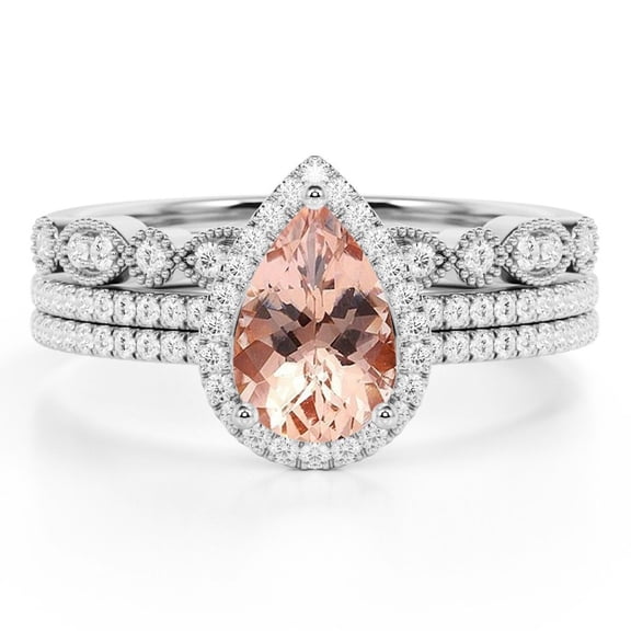JeenMata 2.50 Carat Pear Cut created morganite and Moissanite Trio Wedding Ring Set for Her in White Gold