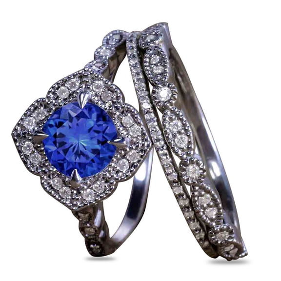 JeenMata 2.50 ct Lab Created Blue Sapphire Engagement Ring - Trio Bridal Set in 18K Black Gold over Silver